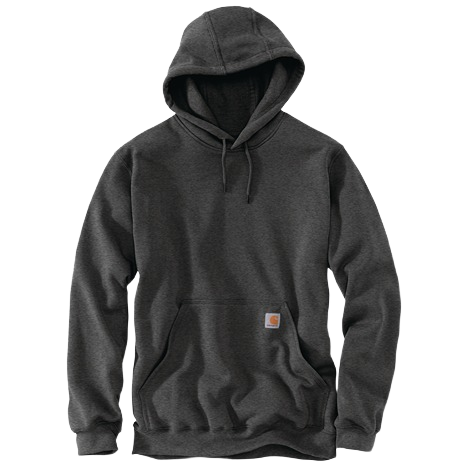 Men’s loose fit midweight dark charcoal cotton-polyester hoodie with adjustable hood and front pocket from Carhartt collection