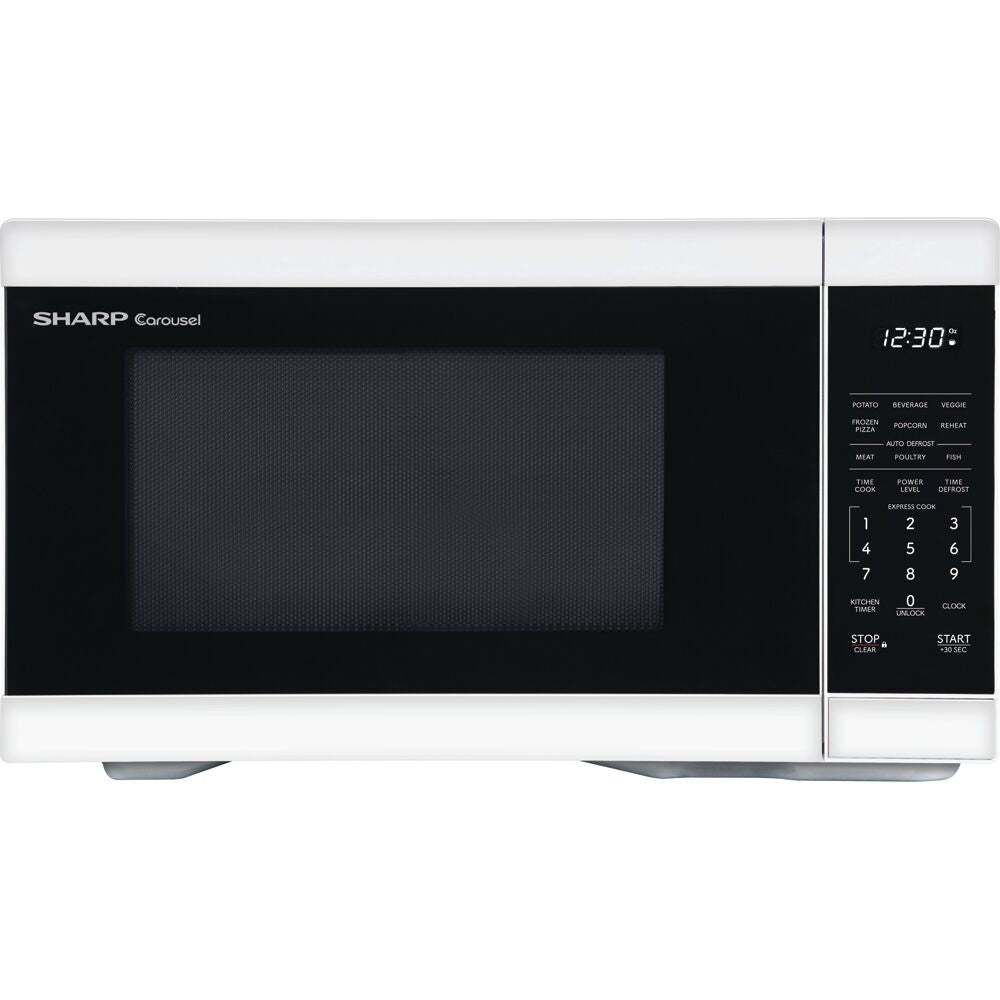 White and black countertop microwave oven with digital control panel and preset cooking buttons in kitchen appliances collection