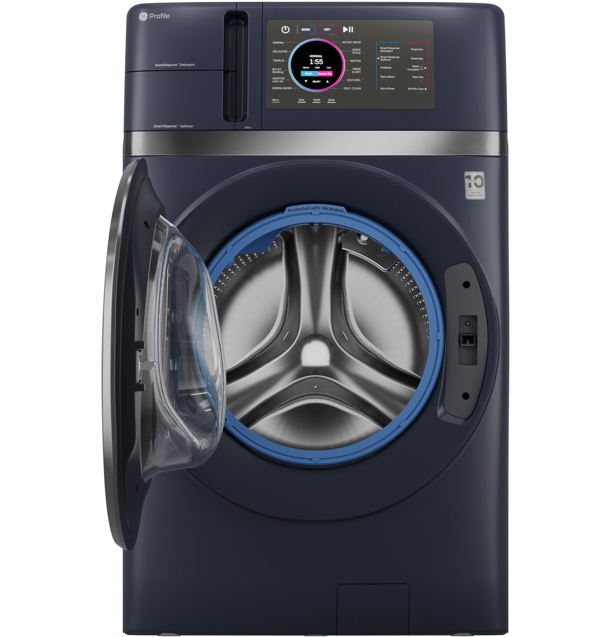Dark blue front load washer dryer combo with touchscreen control panel and ventless inverter heat pump from Appliances collection