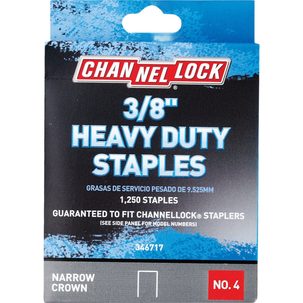 Box of 3/8-inch heavy-duty narrow crown staples compatible with Channellock staplers for hardware and home improvement use