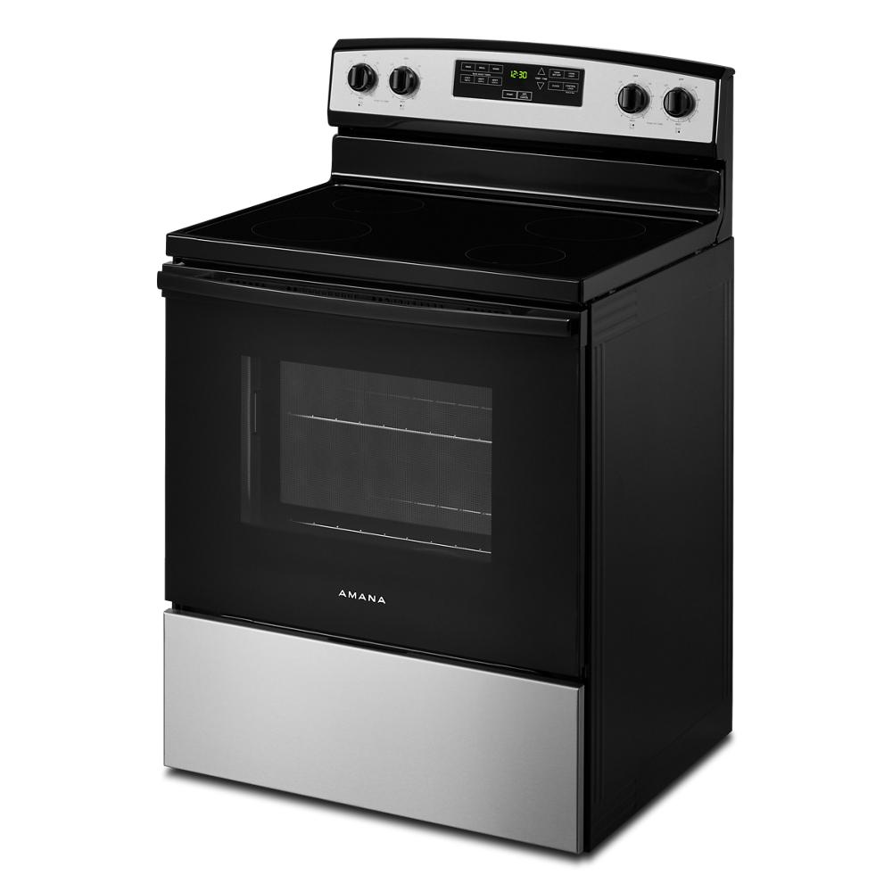 30-inch Amana electric range in black and stainless steel with smooth cooktop and digital control panel