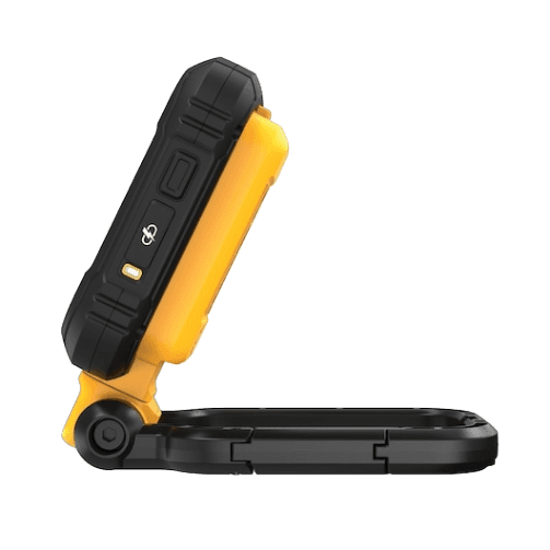 Foldable rechargeable LED task light with rugged black and yellow housing for versatile hands-free illumination