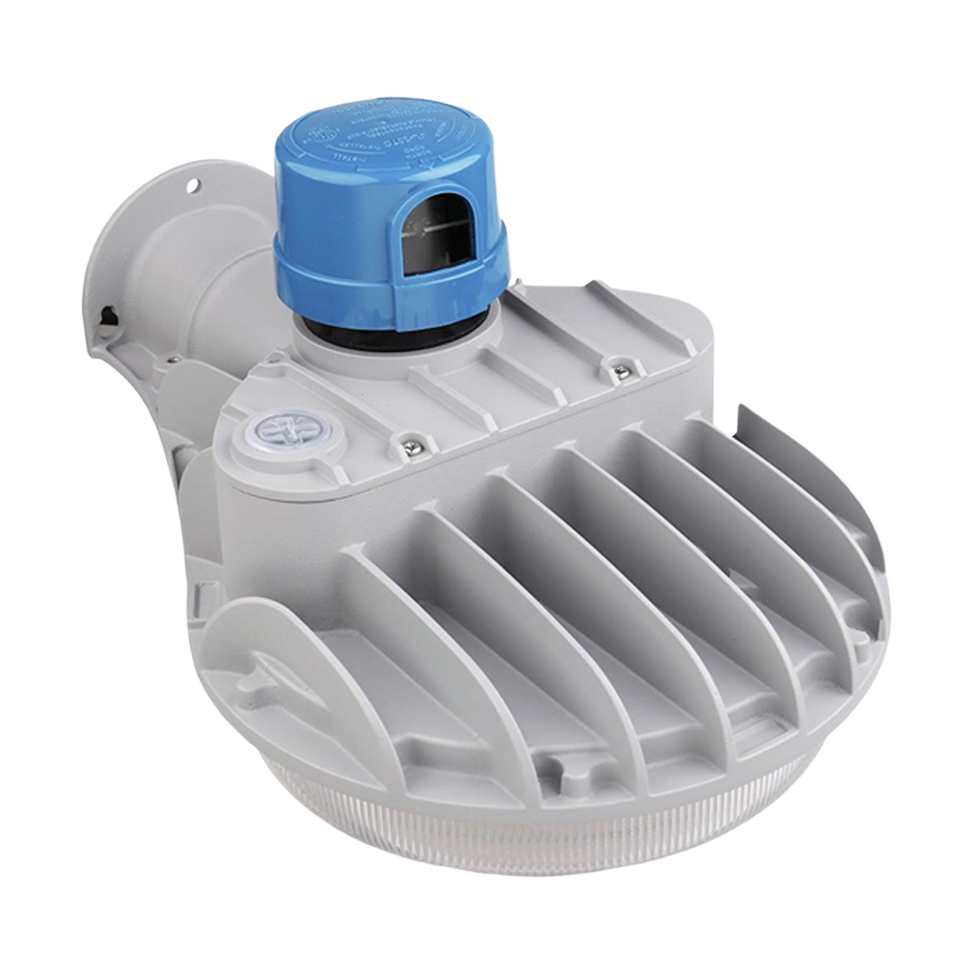 Gray outdoor LED area light fixture with blue photocell sensor and durable aluminum housing for outdoor lighting projects