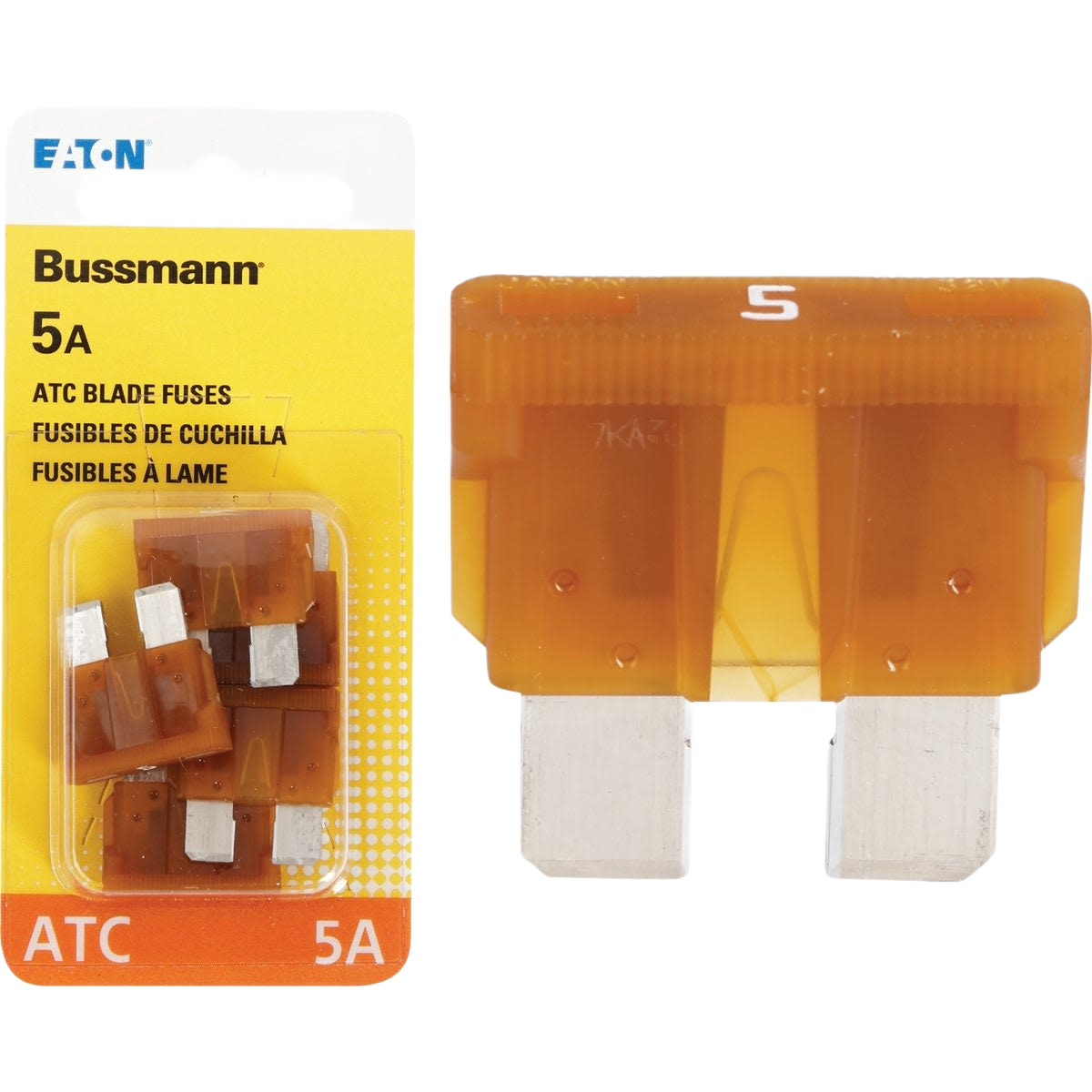Set of four 5-amp ATC blade fuses in amber color for automotive electrical and home improvement use