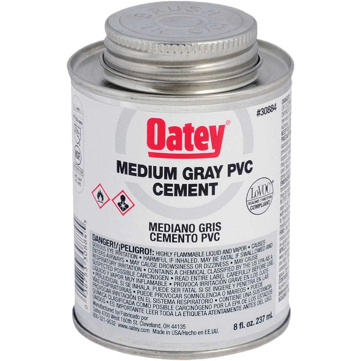 Can of medium gray PVC cement for plumbing pipe and fitting adhesion, suitable for home improvement projects under $50