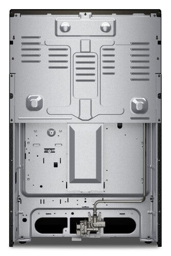 Back view of stainless steel 30-inch gas range showing internal components and ventilation in kitchen appliance collection