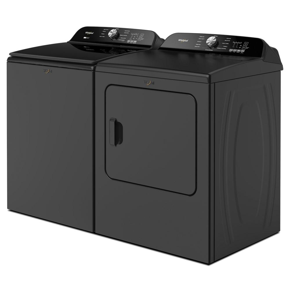 Black Whirlpool matching top load washer and dryer set with control dials for efficient home laundry appliances in washers and dryers collection