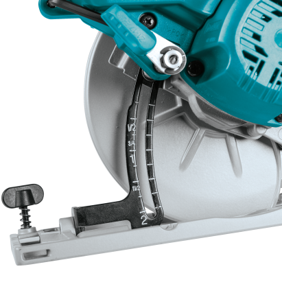Close-up of saw base and bevel adjustment scale on teal brushless cordless circular saw for home improvement tasks
