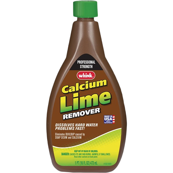 Brown plastic bottle of Rust-Oleum Whink liquid cleaner for dissolving calcium and lime buildup in cleaning supplies.