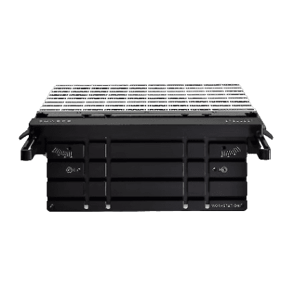 Black durable Shaper Tools Workstation with a sturdy metal top grid and secure locking clamps for tool organization and home projects