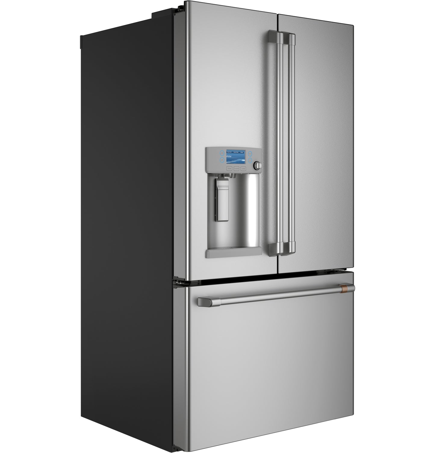 Stainless steel French-door refrigerator with bottom freezer drawer and built-in hot water dispenser from Kitchen & Kitchenware.