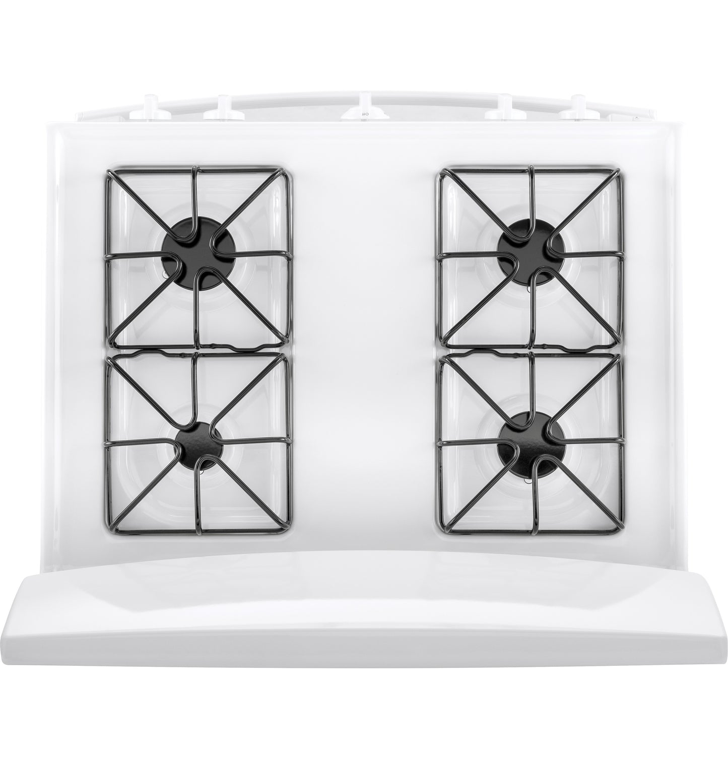 Top view of white free-standing gas range with four burners and black grates in kitchen appliance setting
