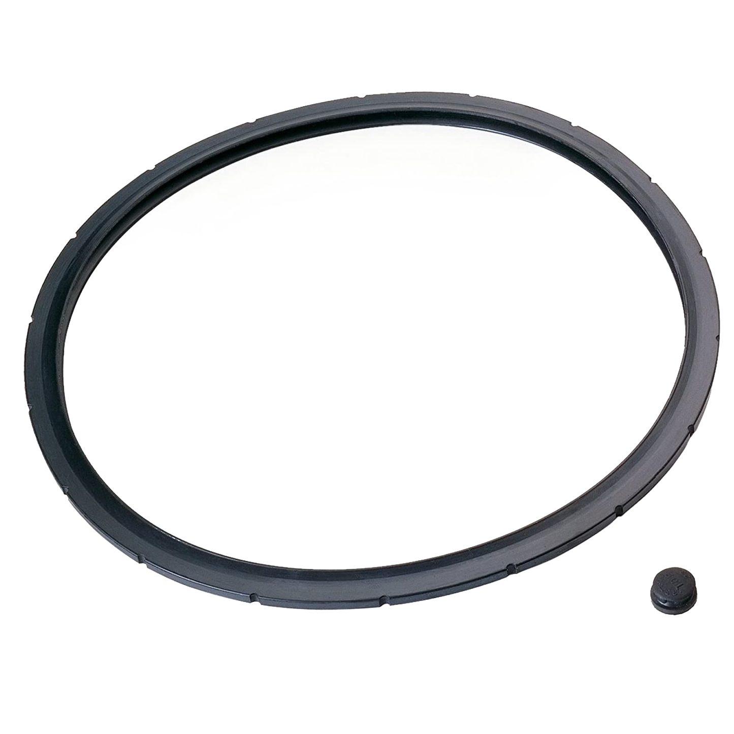 Black rubber gasket ring for sealing a pressure cooker, part of kitchenware and home improvement tools collection