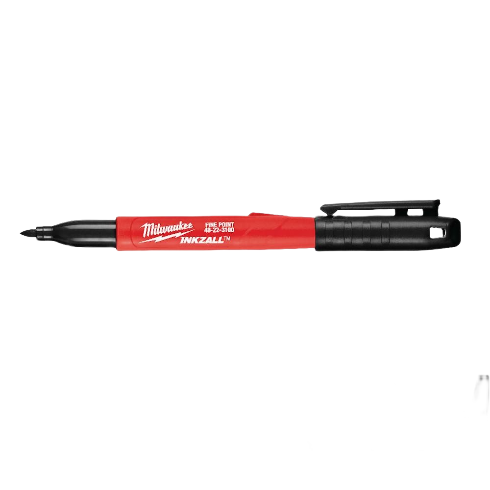 Red and black fine point marker pen with clip, designed for durable writing on rough surfaces in woodworking and hand tools.