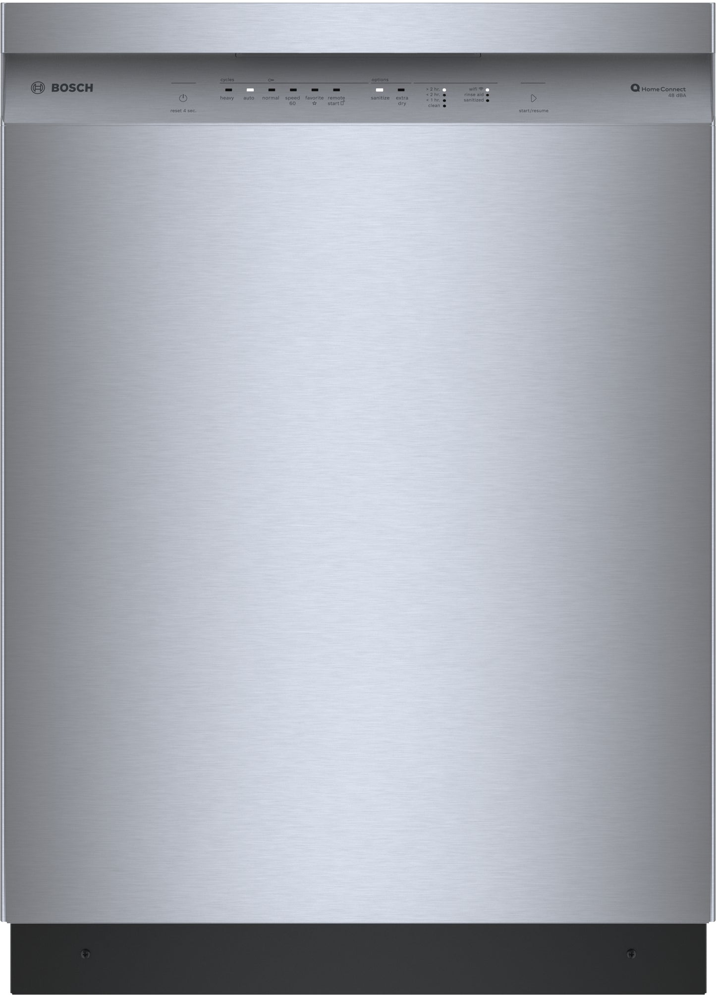 Front view of 24-inch stainless steel anti-fingerprint dishwasher with digital control panel from Bosch Appliances collection