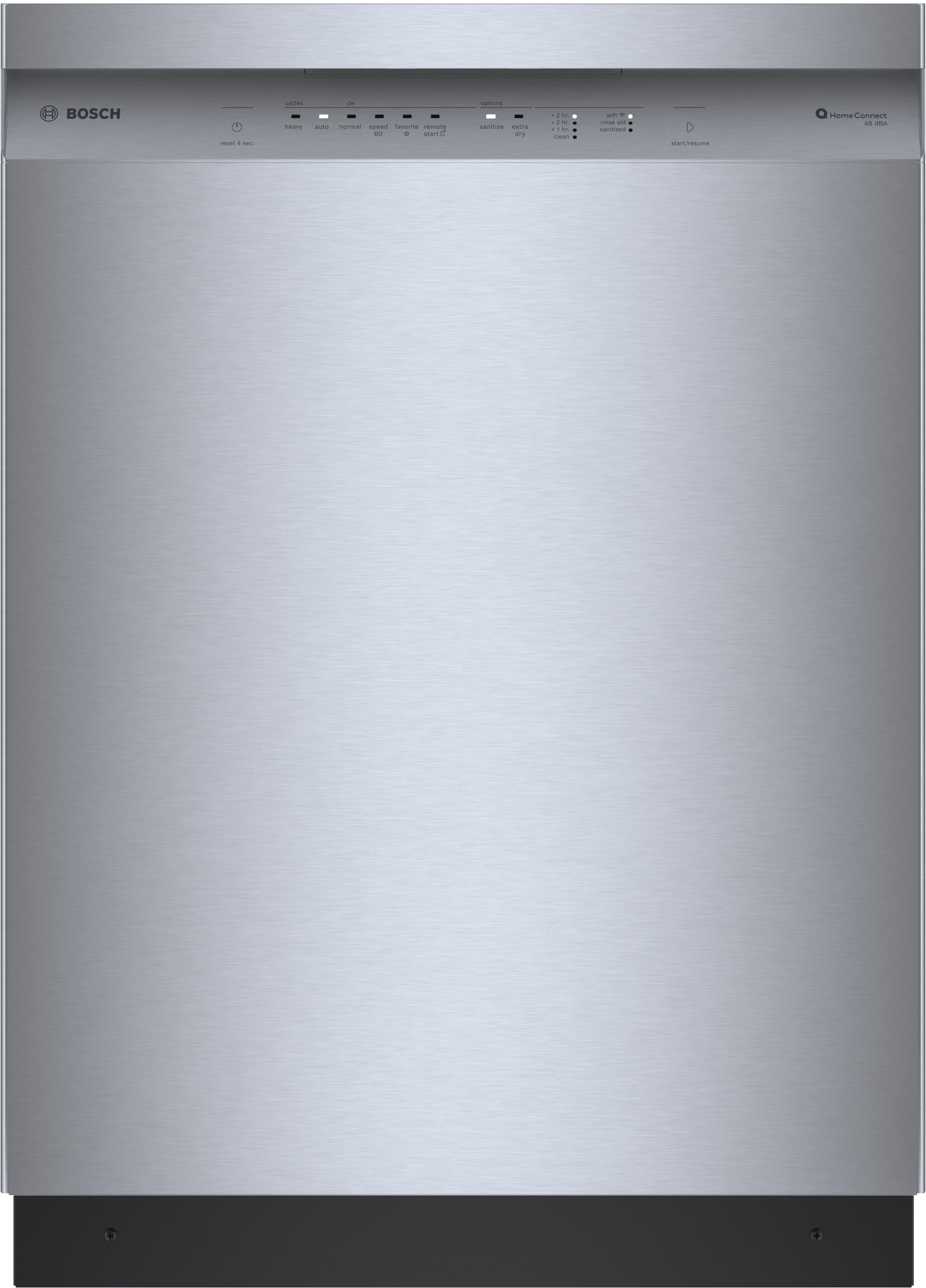 Front view of 24-inch stainless steel anti-fingerprint dishwasher with digital control panel from Bosch Appliances collection