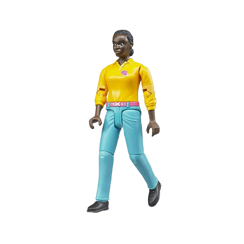 Action figure of woman with dark skin wearing turquoise jeans and yellow top, part of Bruder Toys collection