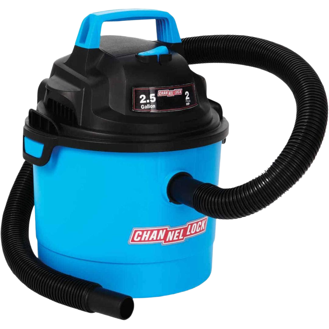 Blue and black compact 2.5 gallon wet/dry vacuum with flexible hose and wall-mountable design for tools and home improvement tasks