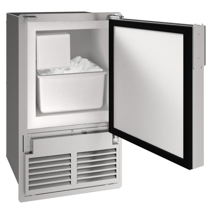 Compact stainless steel ice maker with open door revealing crescent-shaped ice and ventilation grate from appliances collection