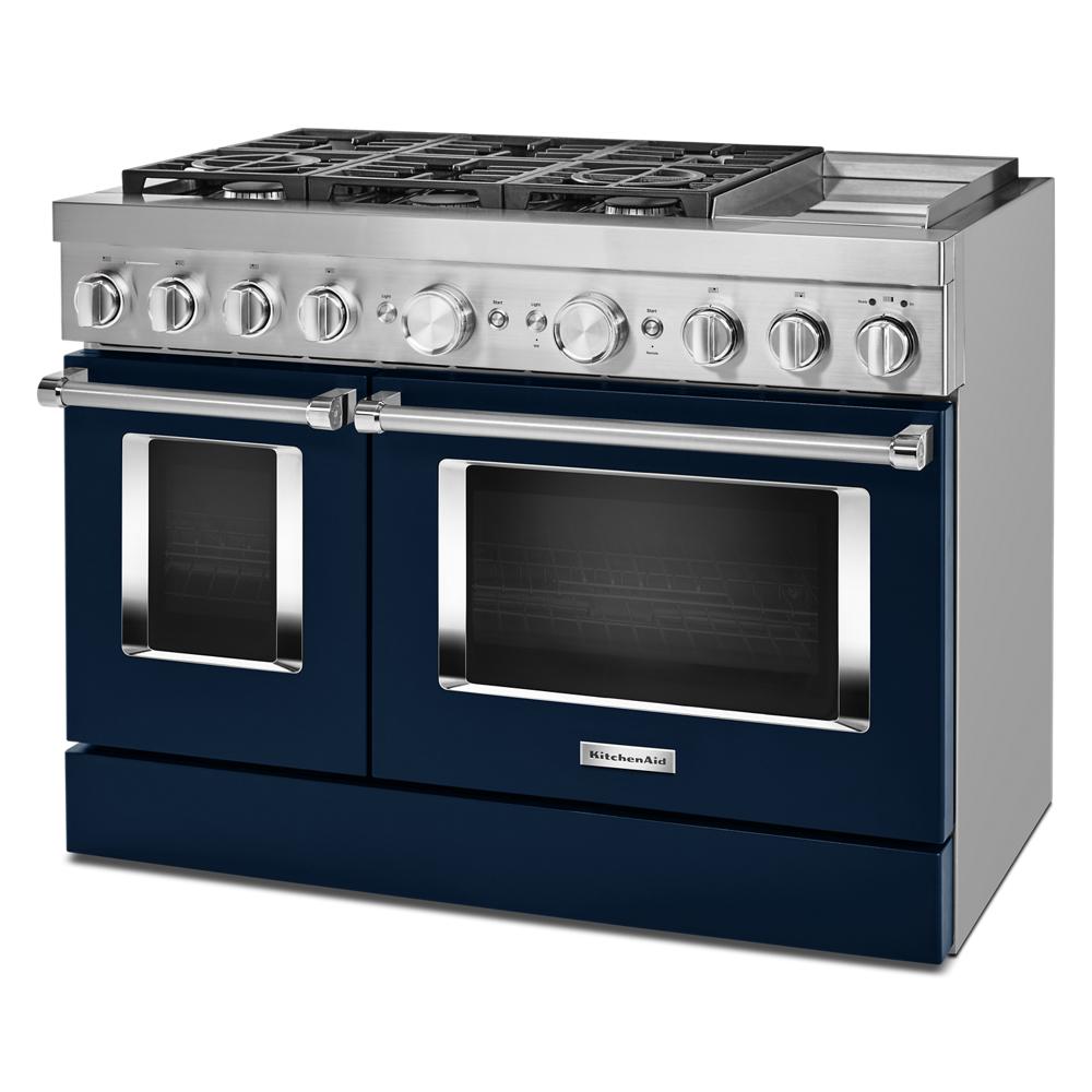 48-inch commercial-style dual fuel range with six gas burners, electric griddle, and double ovens in navy blue and stainless steel