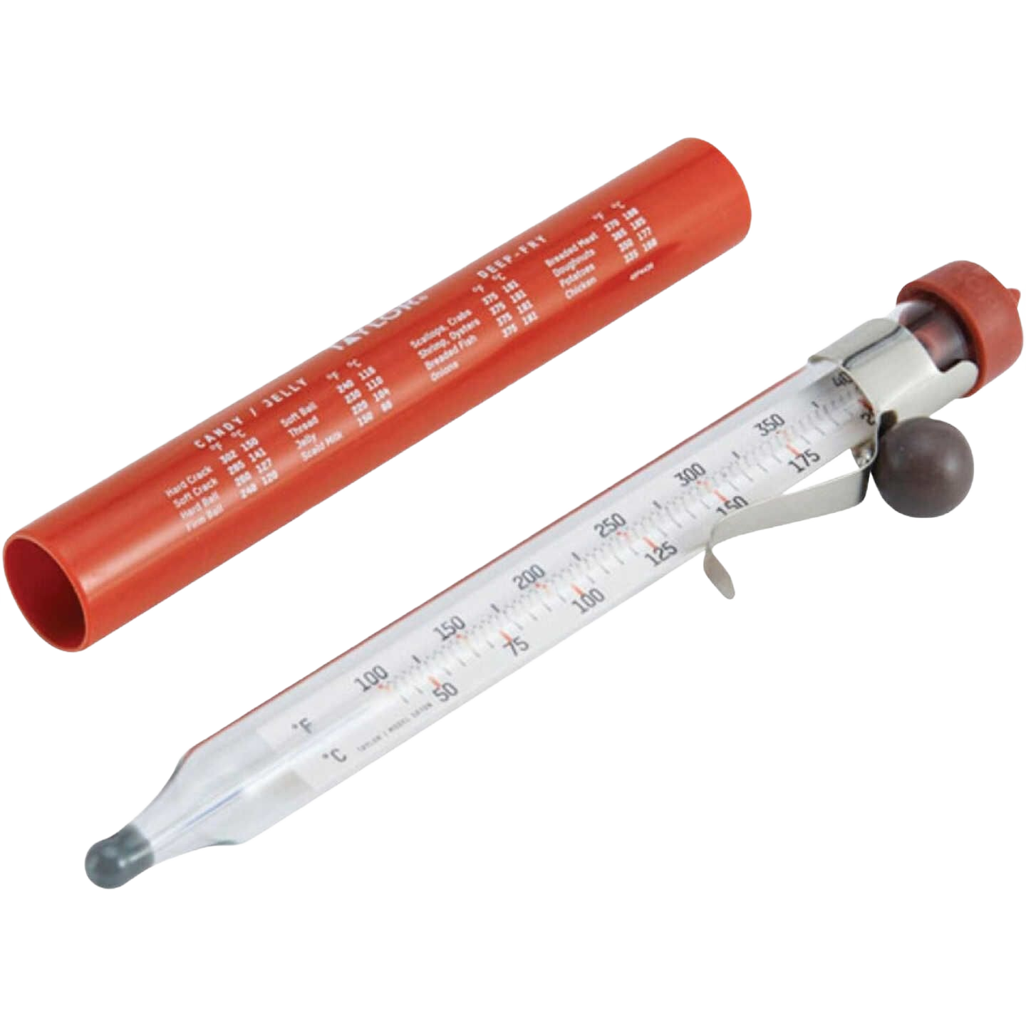 Glass candy and deep fry thermometer with adjustable clip and protective red storage case for kitchen gadgets collections