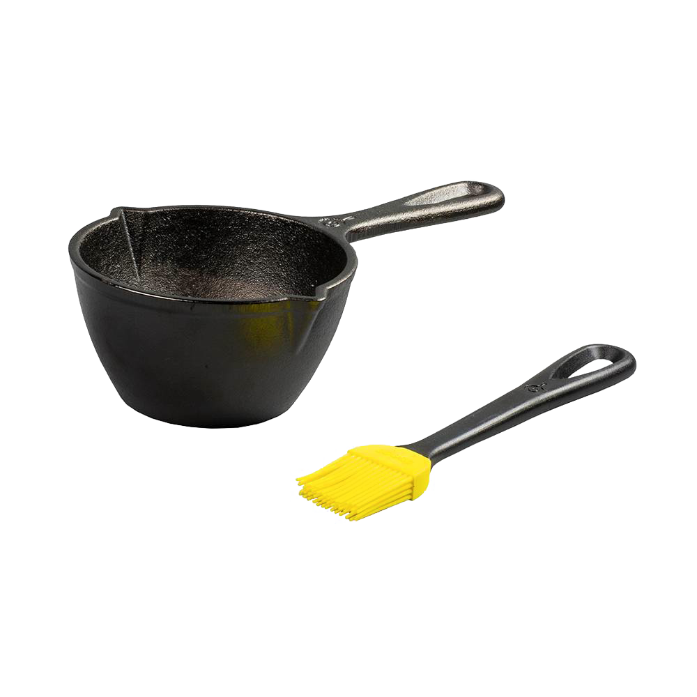 Cast iron melting pot with handle and yellow silicone brush, kitchen gadget for cooking and baking use under $50.