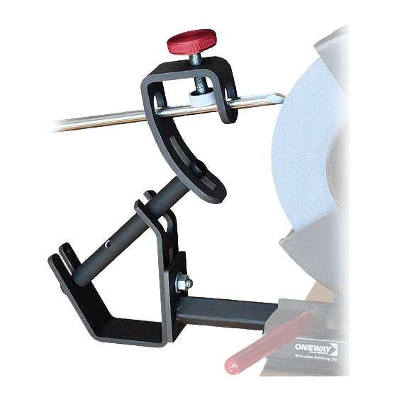 Sharpening system attachment with adjustable base and red knob for precise grinding in woodworking tools collection