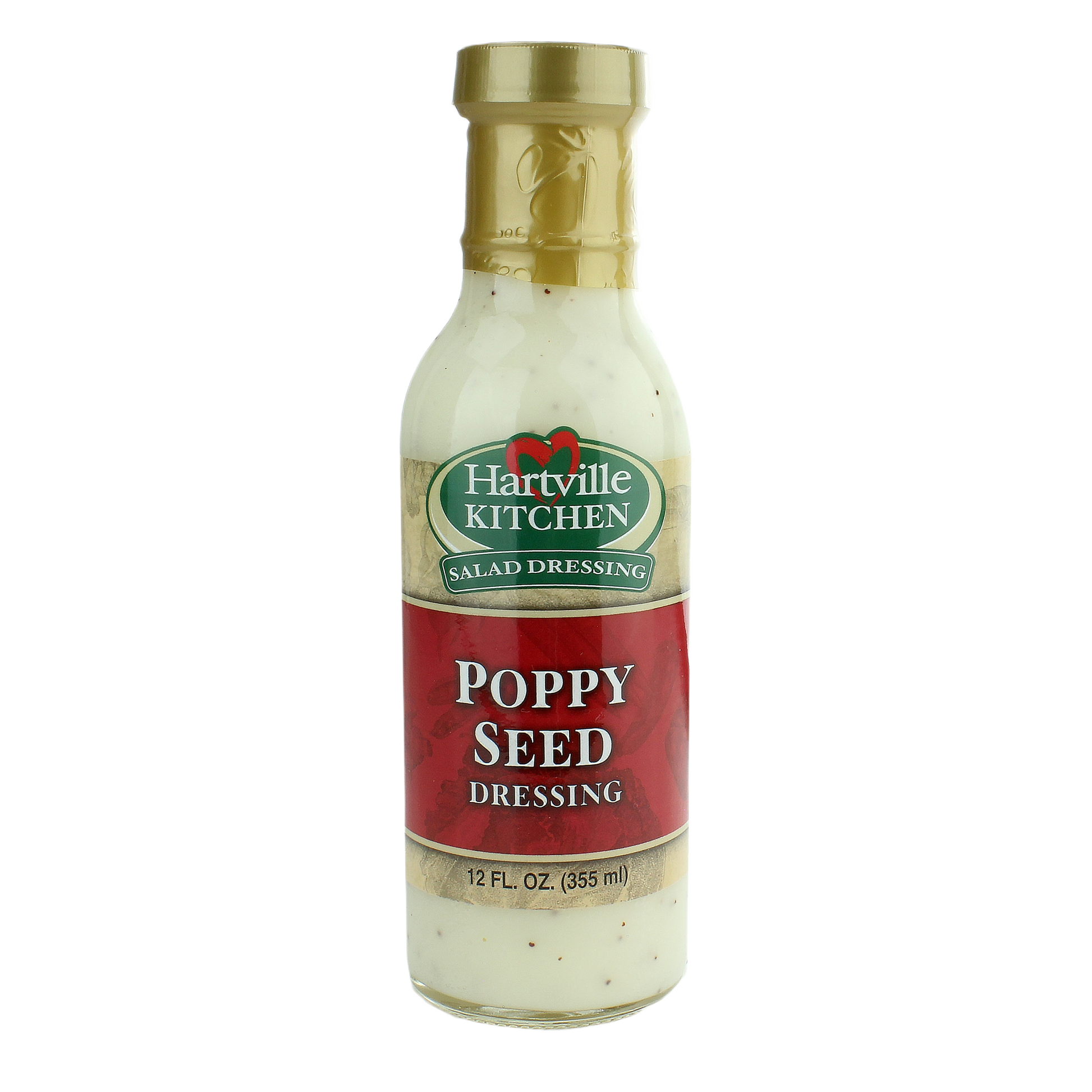 Bottle of creamy poppy seed salad dressing with gold cap and red label for flavorful meal preparation