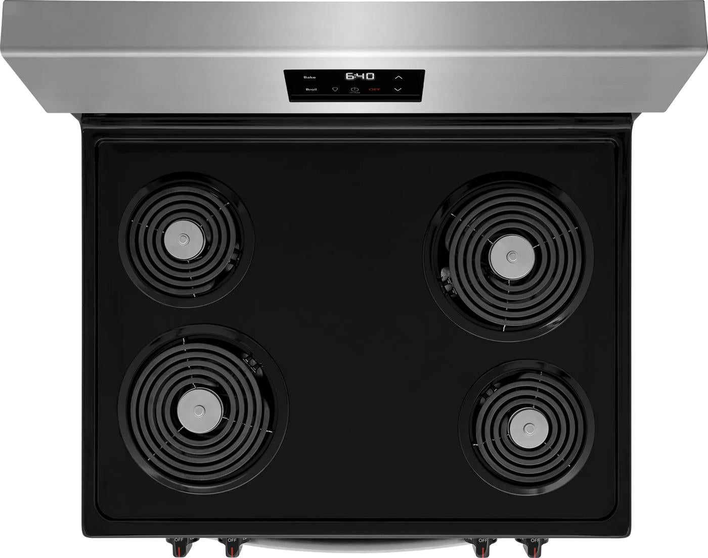 Top view of a stainless steel electric range with four coil burners and digital control panel for kitchen appliances collection