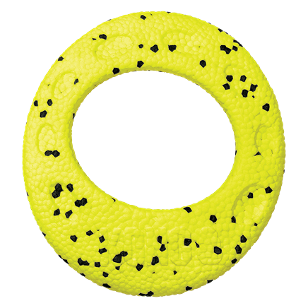 Durable yellow and black speckled dog toy ring for interactive play in pet and animal supplies collection