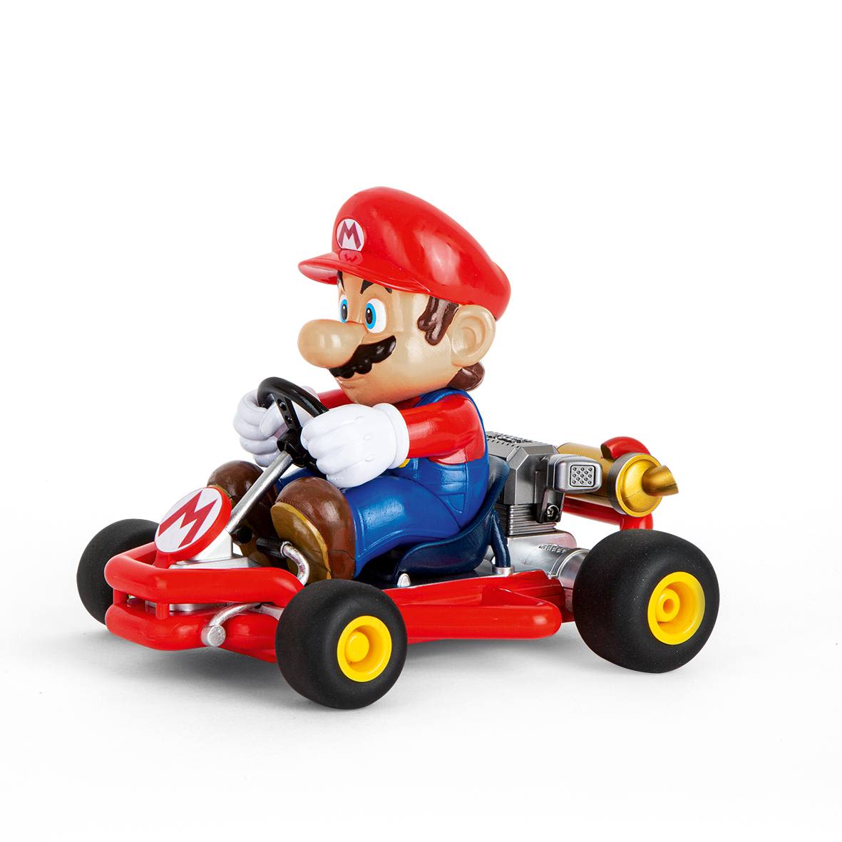 Red and blue Mario figure driving a compact racing kart with yellow-rimmed black wheels and detailed engine parts