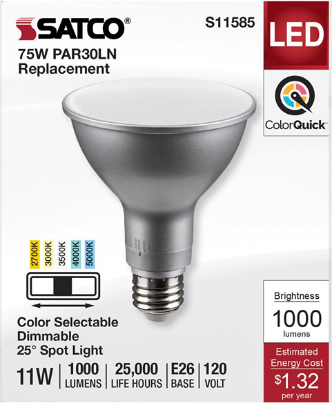 Silver LED spotlight bulb with medium base, color-selectable feature, and 1000 lumens brightness for lighting projects