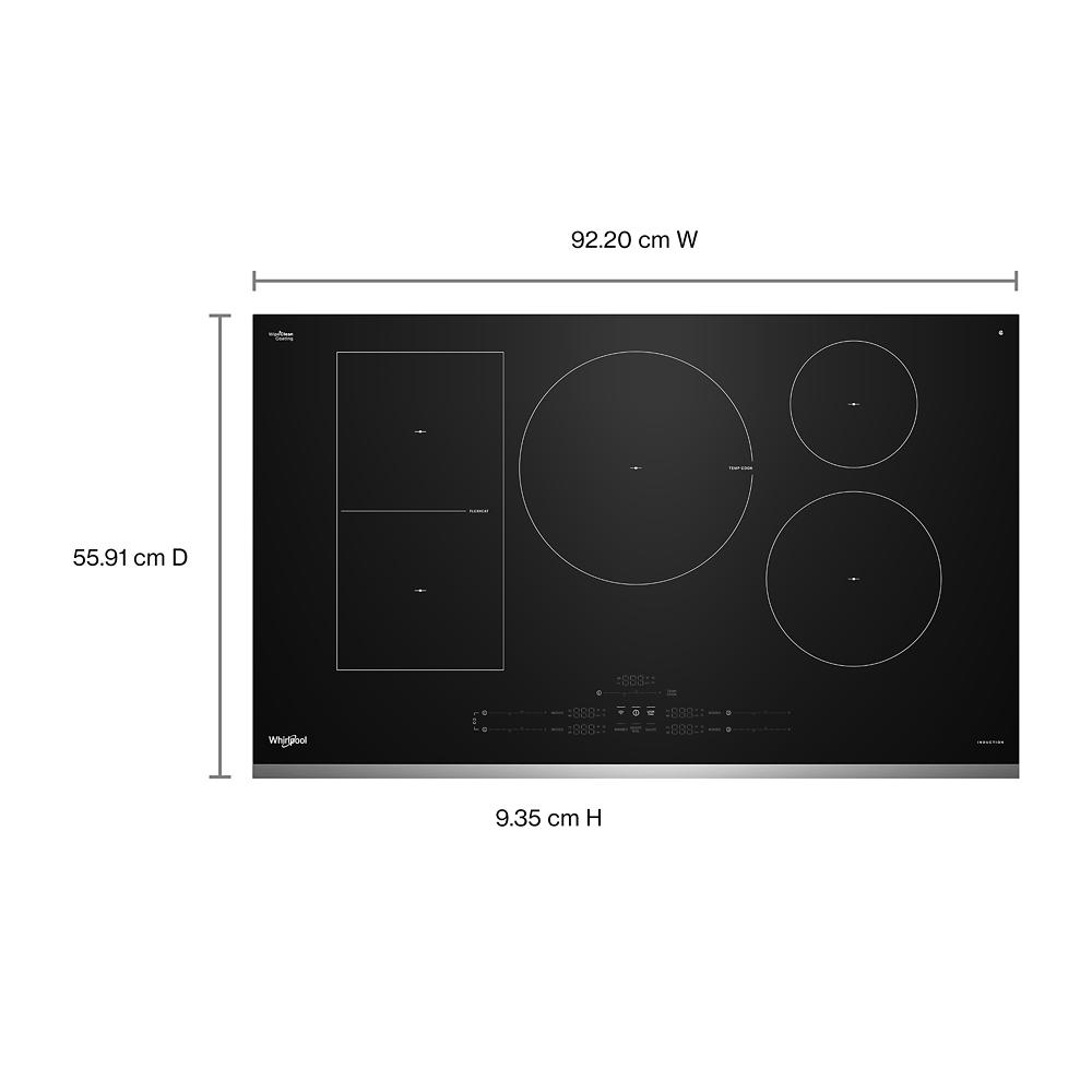 Black induction cooktop with five cooking zones and digital controls, featuring sleek stainless steel trim in kitchen appliance setting