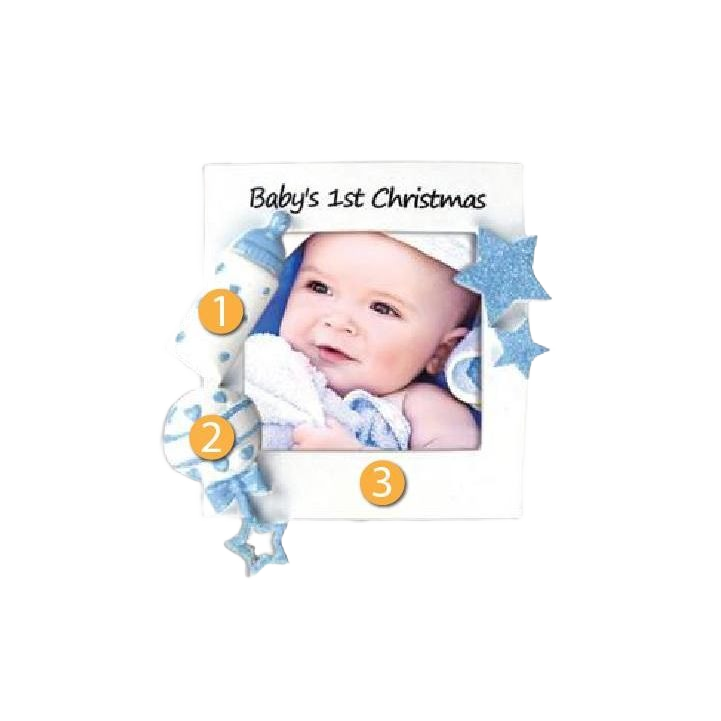 White picture frame ornament with glittery blue stars and candy detailing for Christmas tree decorations under $50 collection