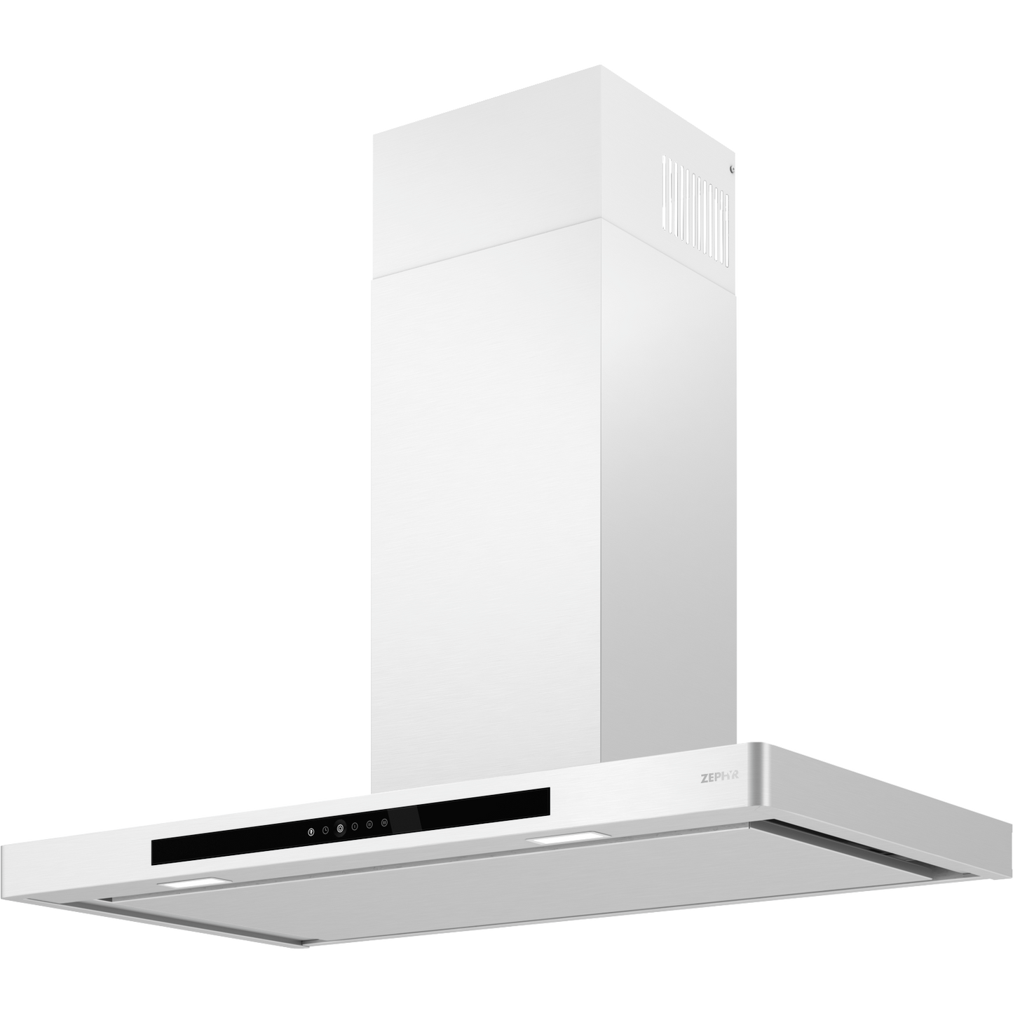 Sleek white chimney range hood with invisible touch controls designed for modern kitchens in appliances collection.