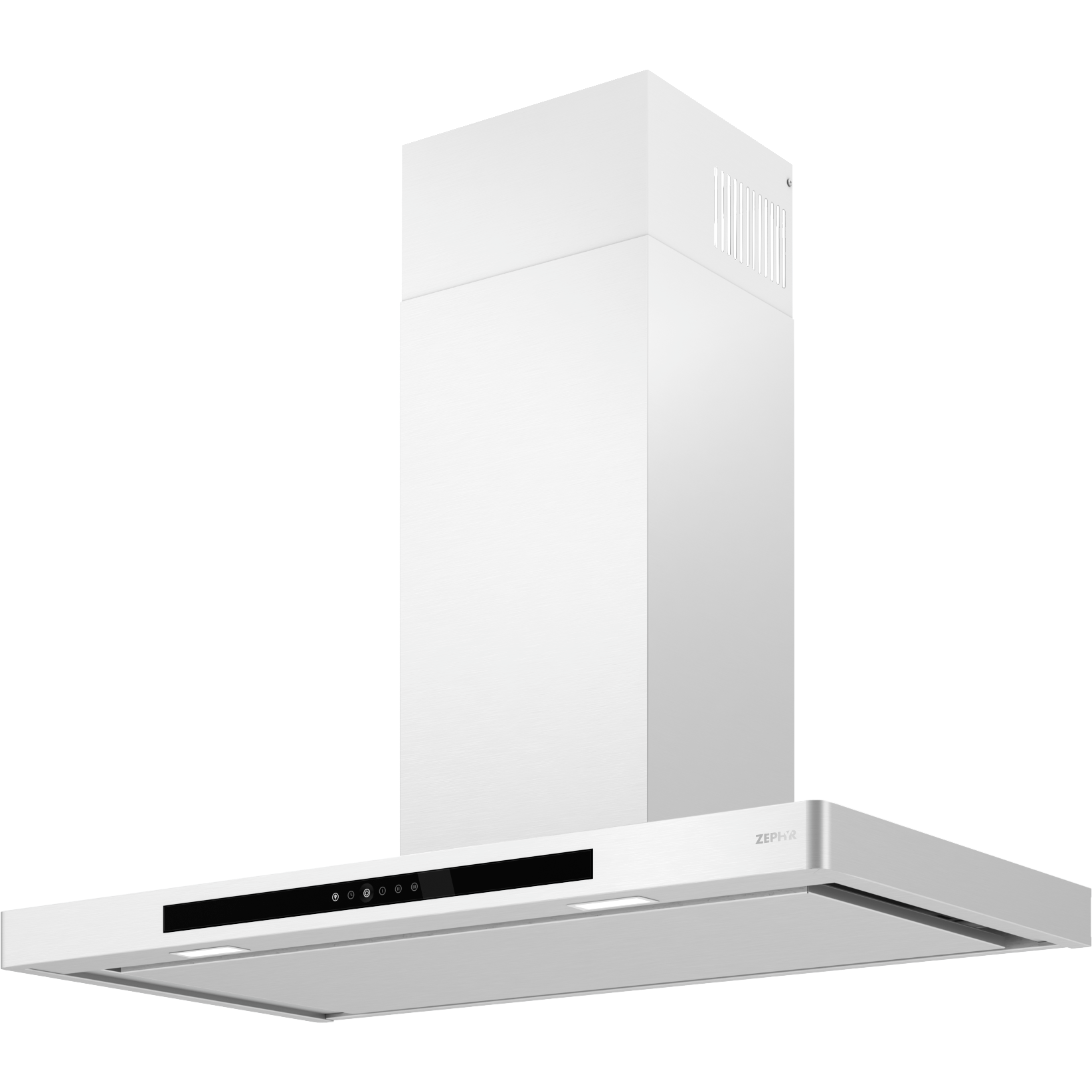 Sleek white chimney range hood with invisible touch controls designed for modern kitchens in appliances collection.