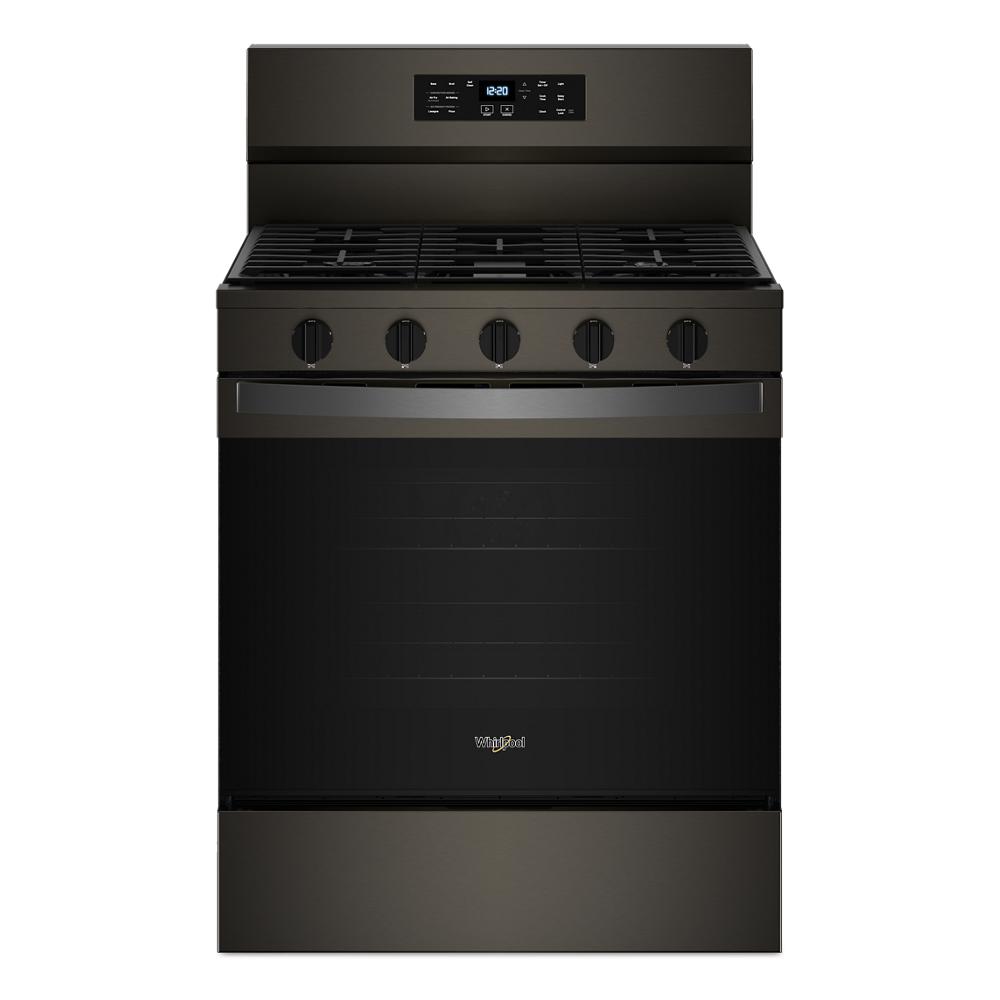 Front view of black freestanding gas range with five burners and digital control panel in Ranges and Appliances collections