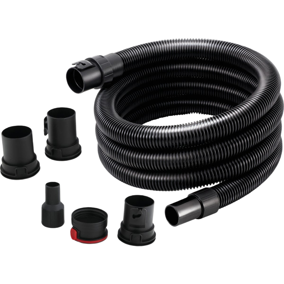 Flexible black vacuum hose with multiple adapters and connectors for wet and dry home improvement tools use