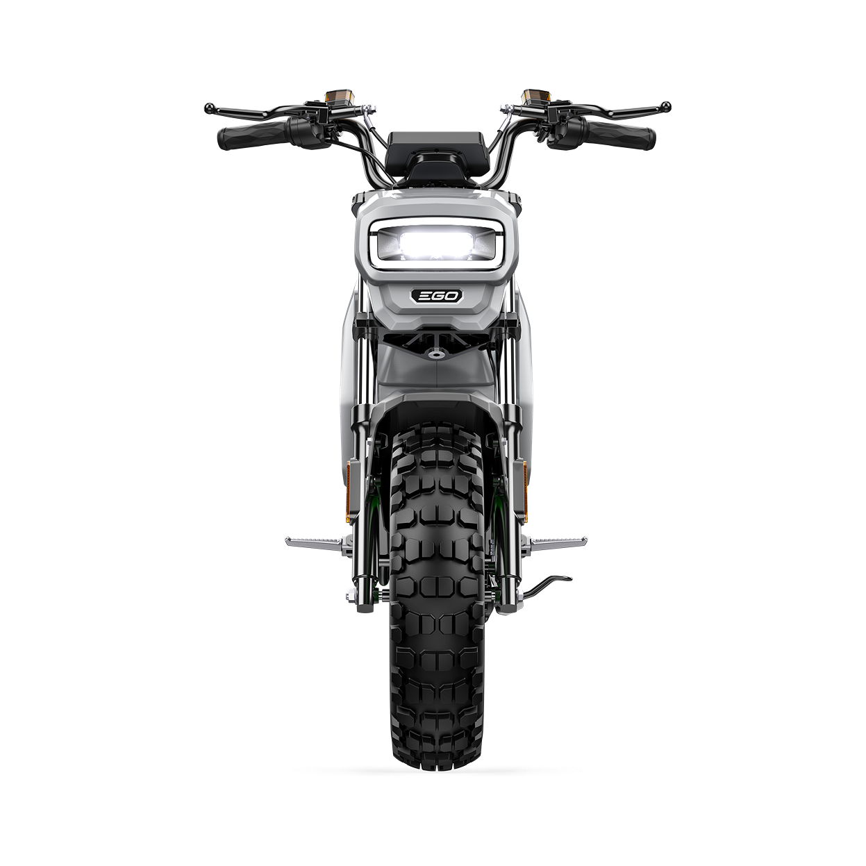 Front view of EGO Power+ Mini Bike Kit showcasing bright LED headlight and rugged off-road tire in home improvement tools collection