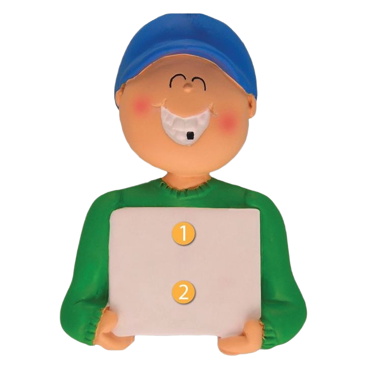 Smiling boy wearing blue cap holding blank sign with missing tooth for Christmas Ornaments & Tree Decorations collection under $50