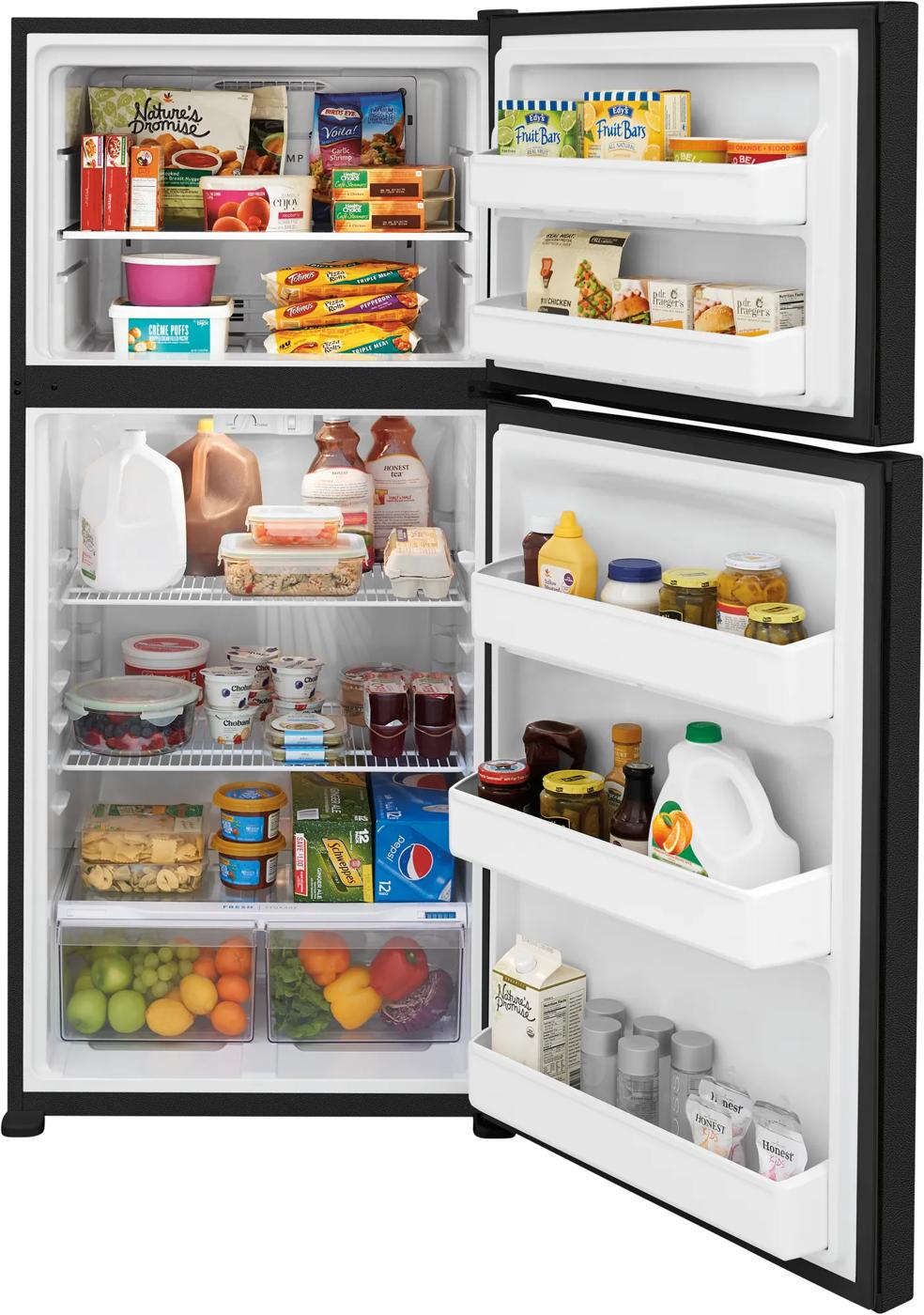 Black top freezer refrigerator open to show organized interior with wire shelving and clear storage drawers from Appliances collection