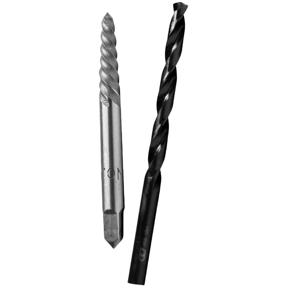 Pair of metal screw extractor and black drill bit tools used for home improvement and repair projects