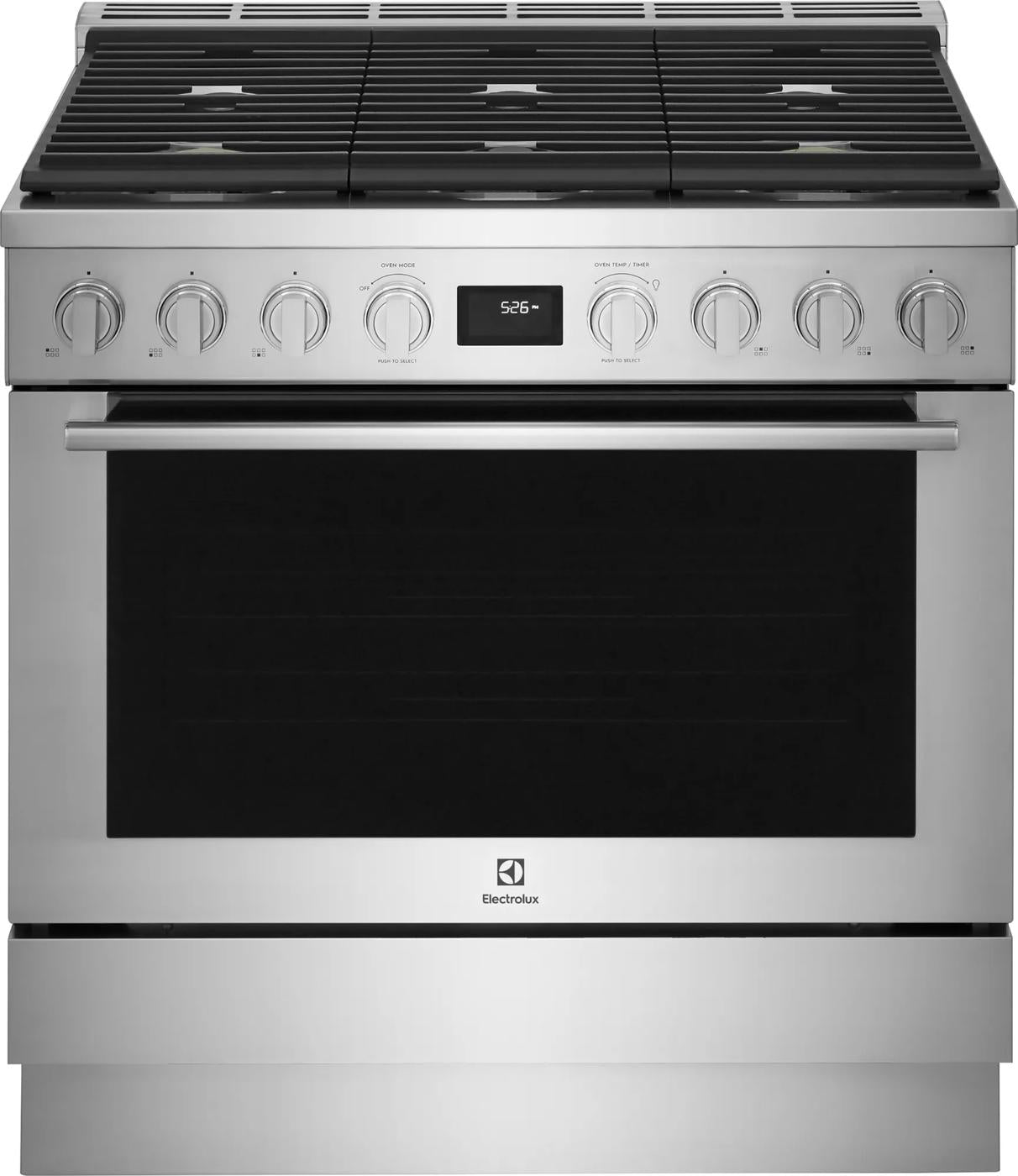 Stainless steel dual-fuel range with gas burners, electric oven, digital display, and control knobs for kitchen appliances collections