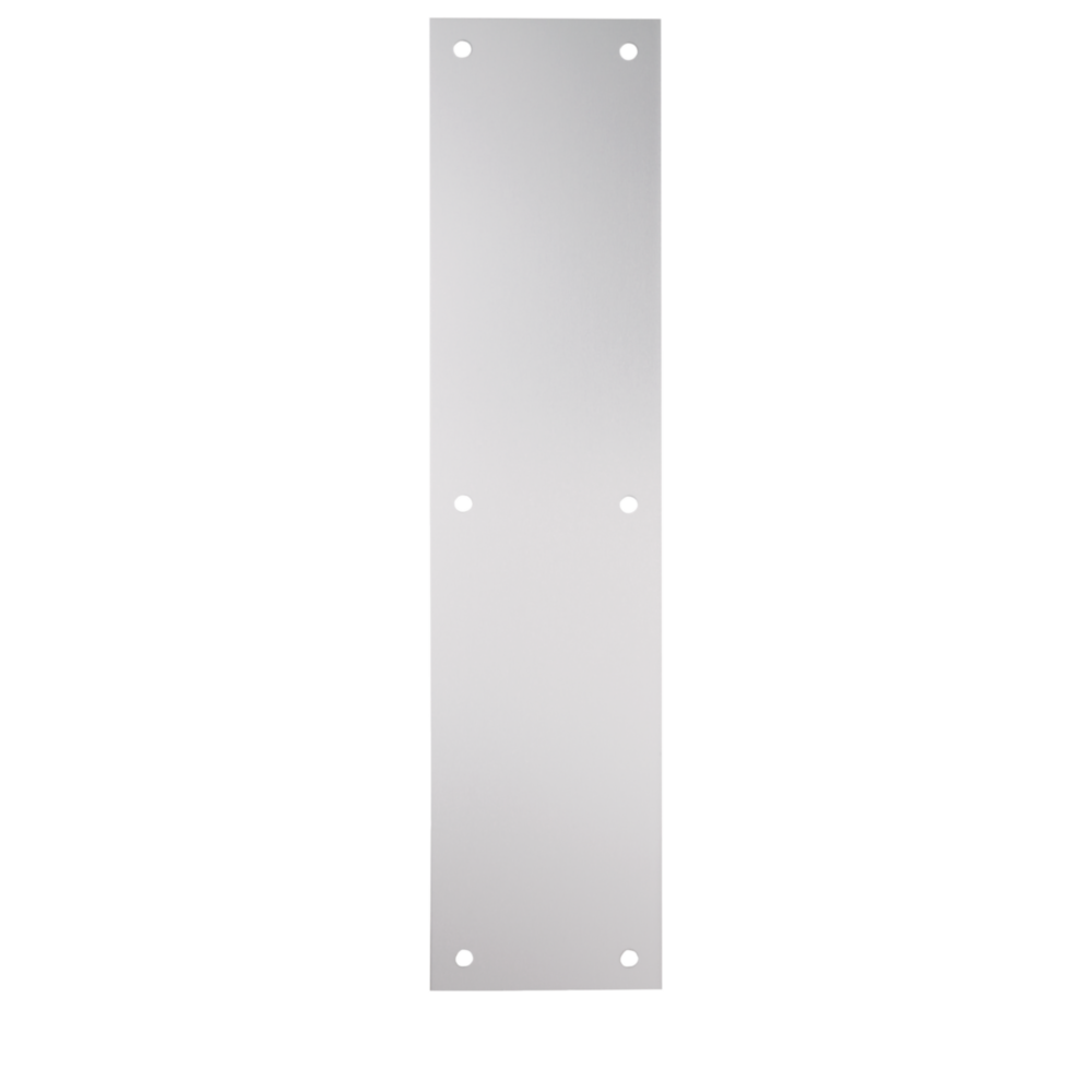 Satin aluminum push plate with pre-drilled holes, designed for door protection in high-traffic home improvement projects