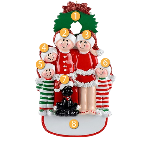 Personalized Christmas ornament featuring a family of five with black dog under wreath for tree decor