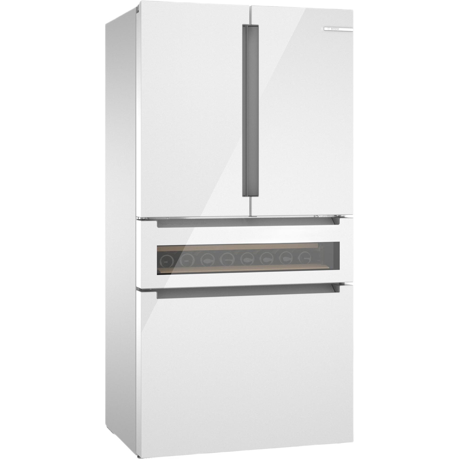 White French door bottom mount refrigerator with glass panel and sleek handles from Bosch appliances collection