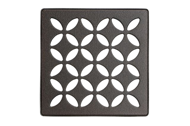 Square bronze drain grate with floral pattern, designed for tile flooring and home improvement use