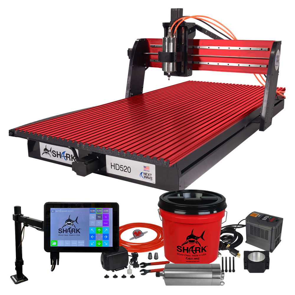Red and black CNC router with digital control screen and accessories for precision cutting in tools and home improvement