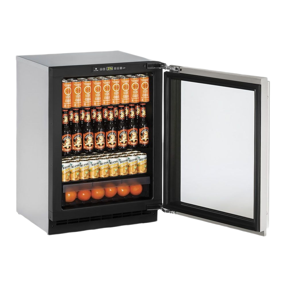 Right-hinged compact glass door refrigerator with adjustable shelves stocked with beverages and fresh fruit from Appliances collection