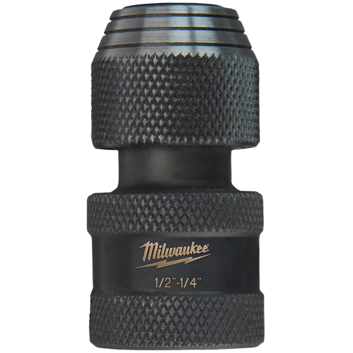Black steel impact socket adapter with textured grip and engraved size markings for power tool accessories.